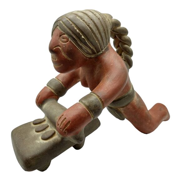 Vintage Mexican Red Clay Mayan Woman Grinding Corn Terra Cotta Folk Art Figurine - Picture 2 of 16